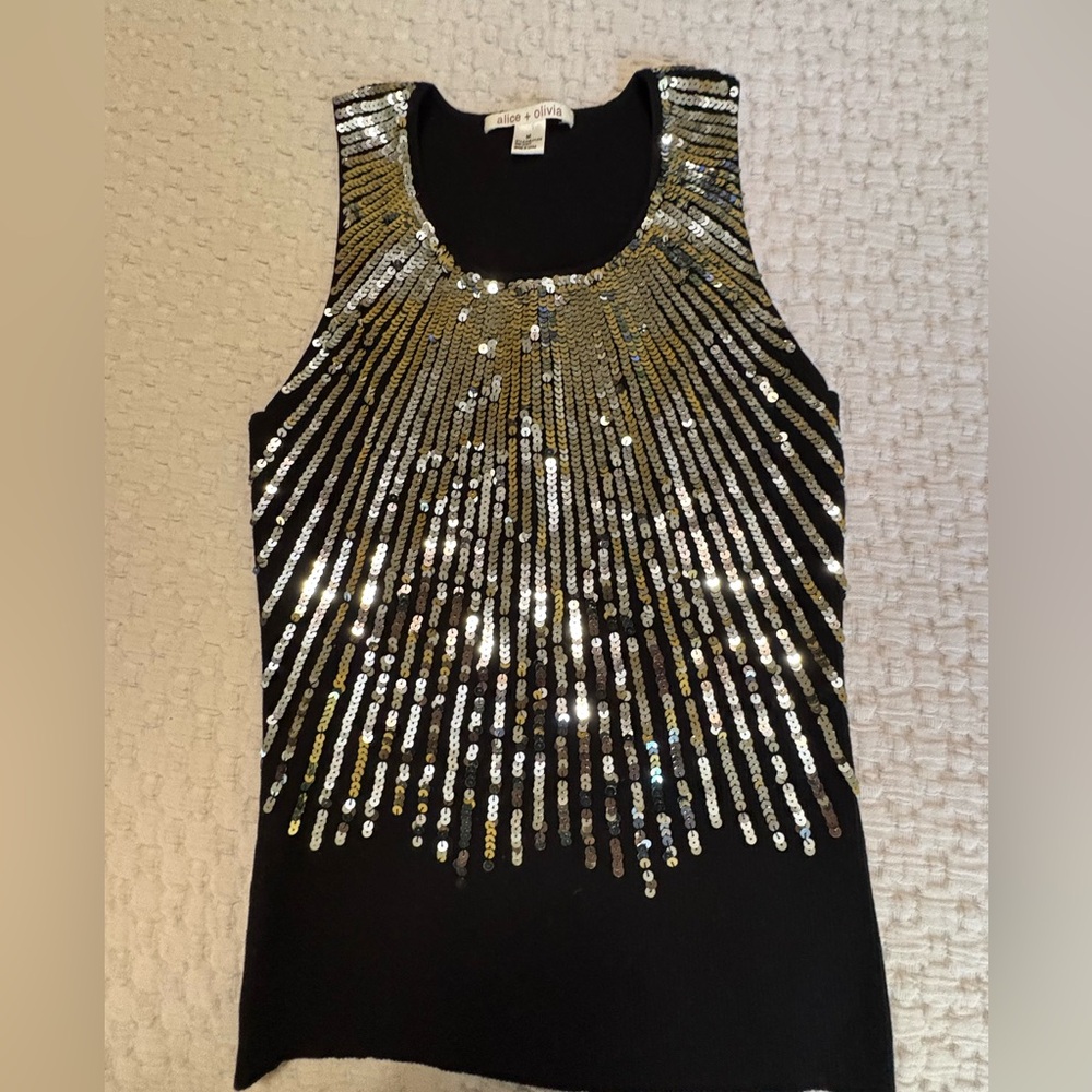 Alice and Olive Black Tank Top with Gold and Silver Sequins